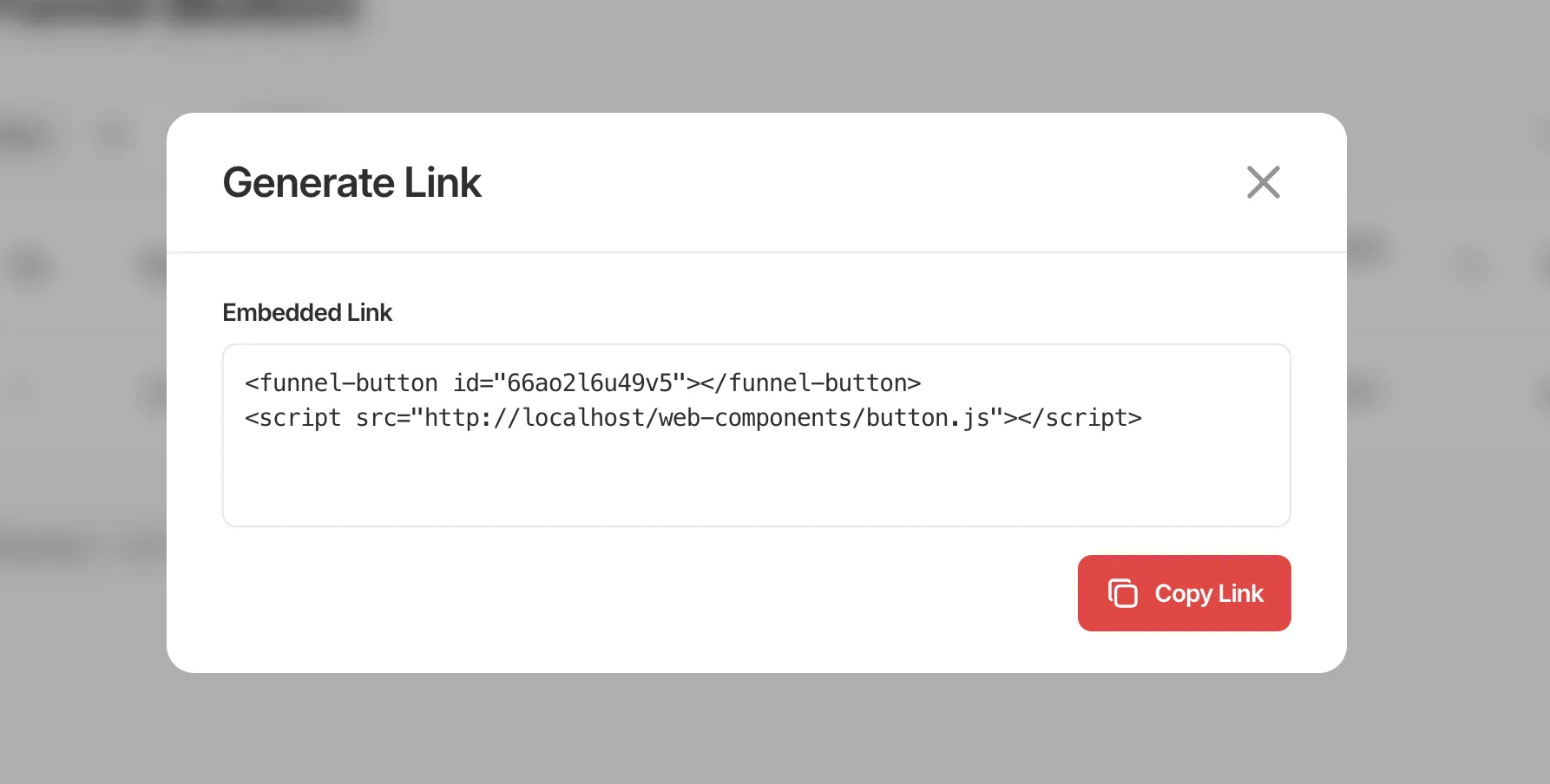 Generate Link modal showing a funnel-button custom element with its script tag.