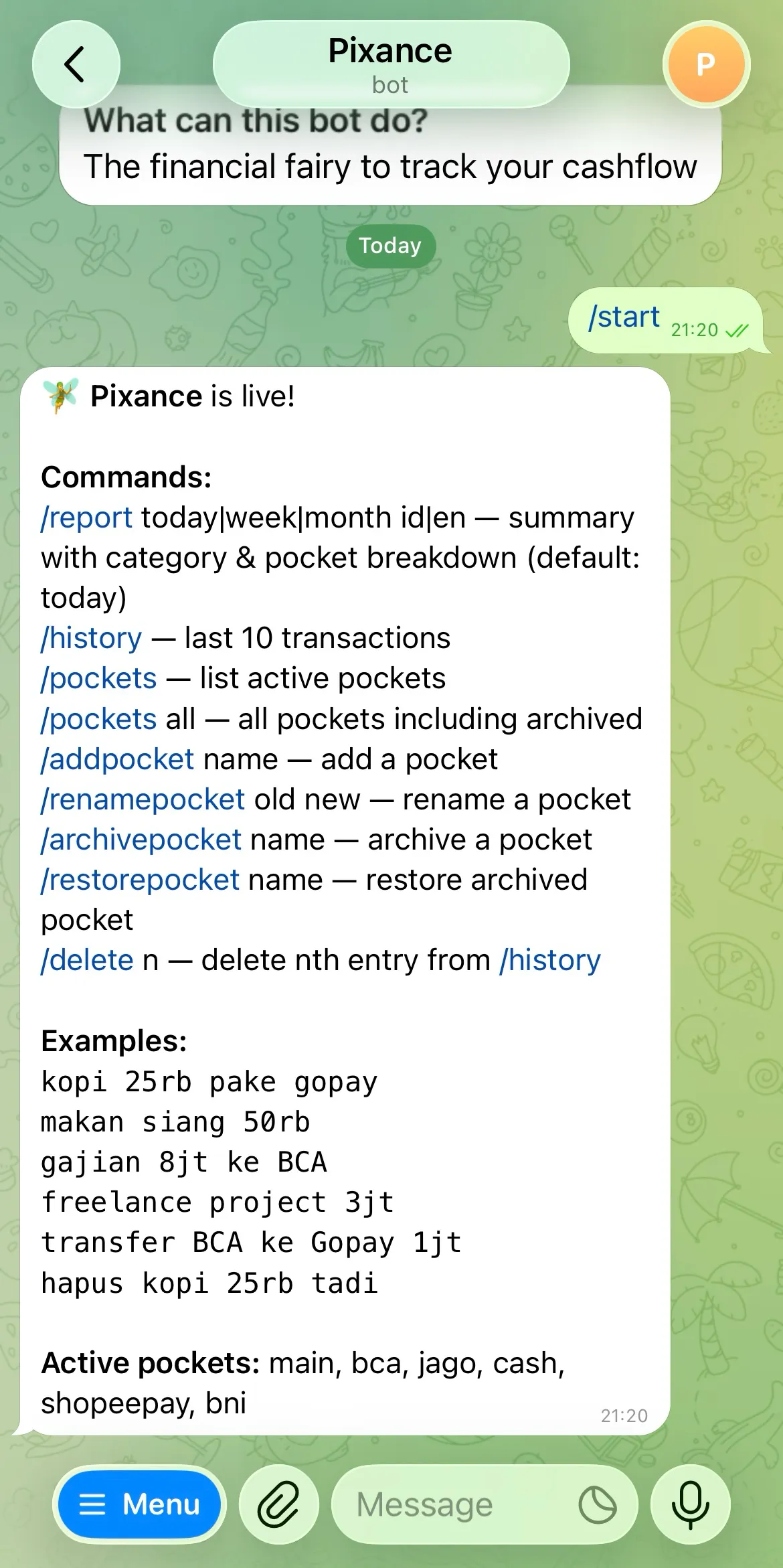 Pixance help menu listing commands like /report, /history, /pockets, and example natural-language entries.