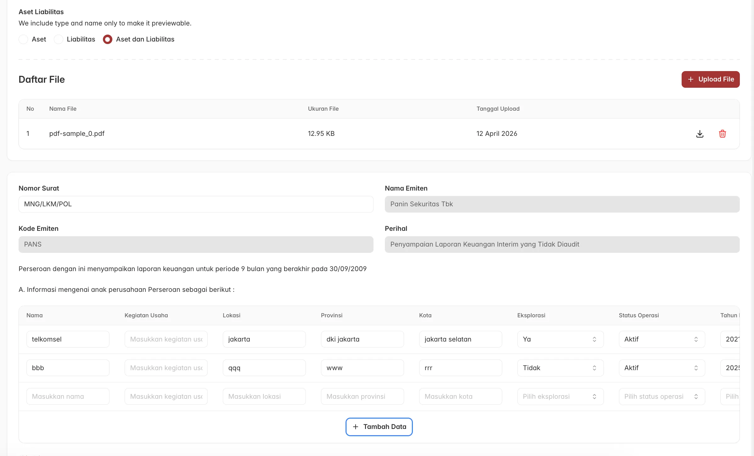 The cover letter step of the XBRL submission form — file upload list, issuer fields, and an editable subsidiary data table.