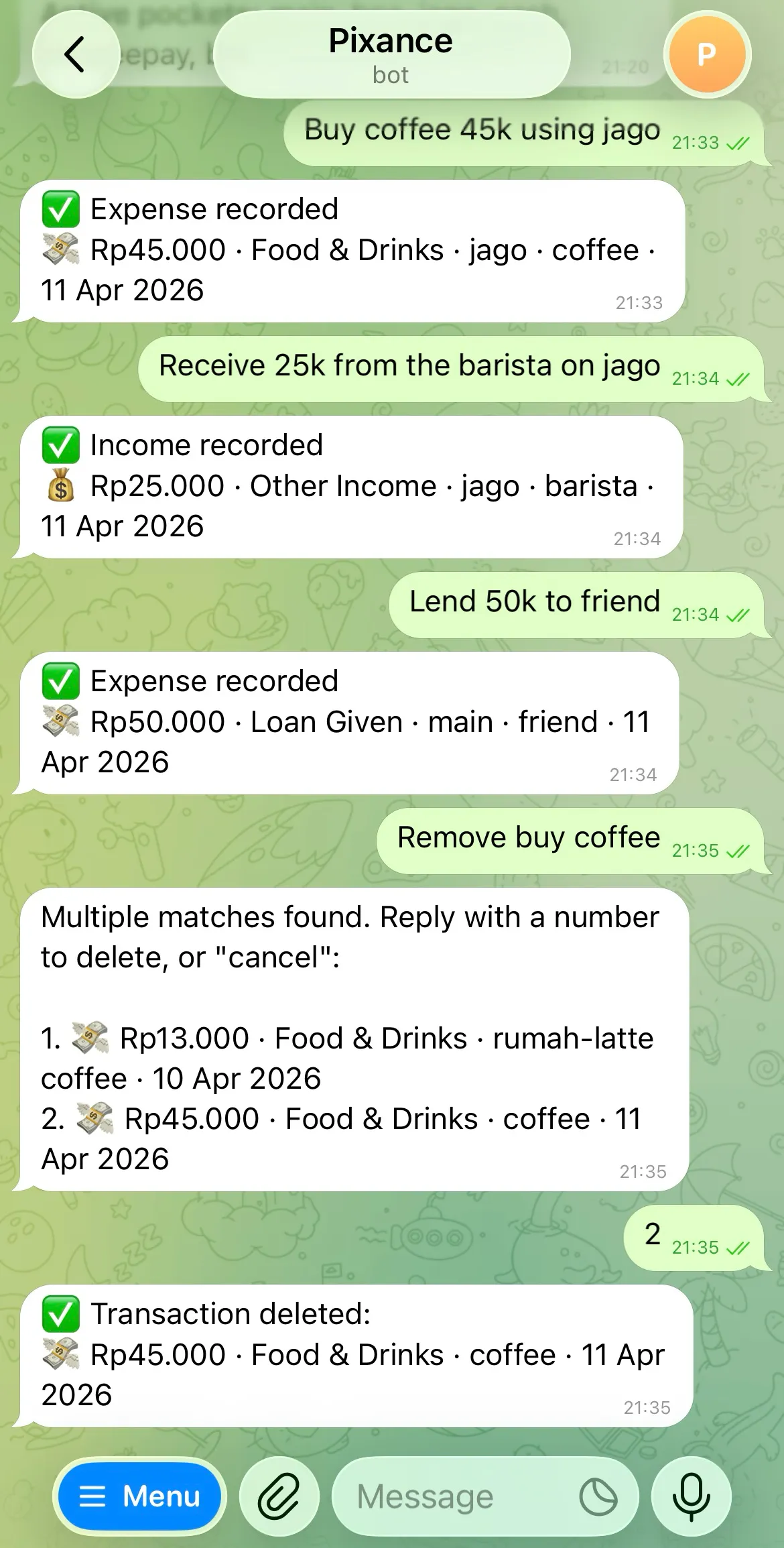 A chat logging buy coffee 45k using jago, receiving income, lending to a friend, and deleting a transaction when there are multiple matches.